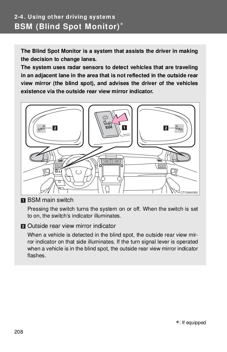 Toyota Camry: Certification for the Blind Spot Monitor Toyota Camry: Certification for the Blind Spot Monitor